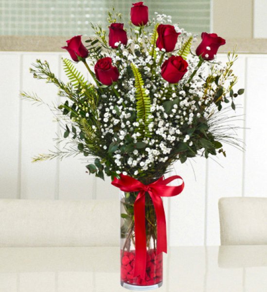 画像1: 赤バラの花束7本（花器付き） (1)