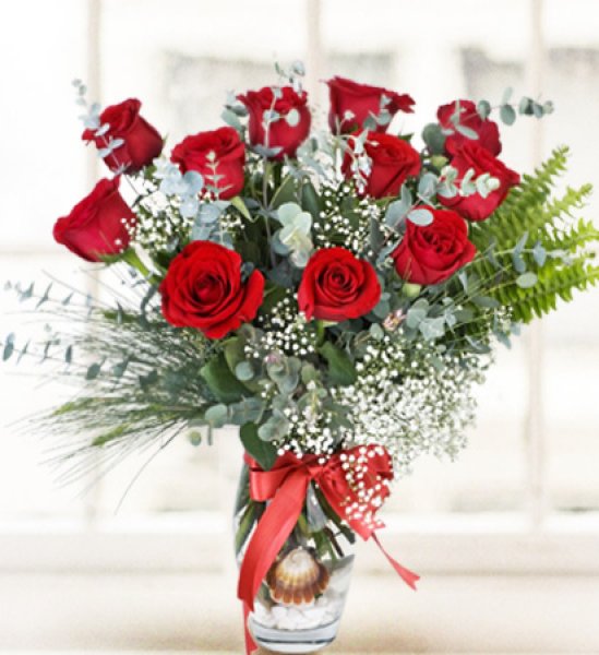 画像1: 赤バラの花束11本（花器付き） (1)